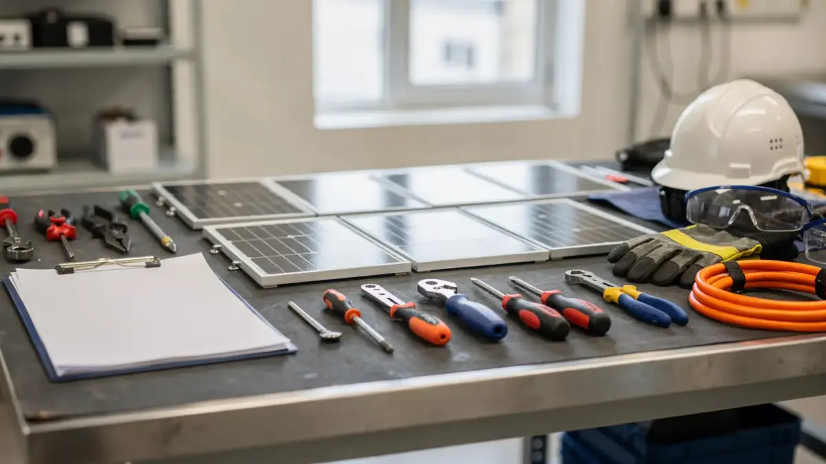 Werkbank mit Solarpanel, Werkzeug und Unterlagen zu Solateur-Zertifikaten