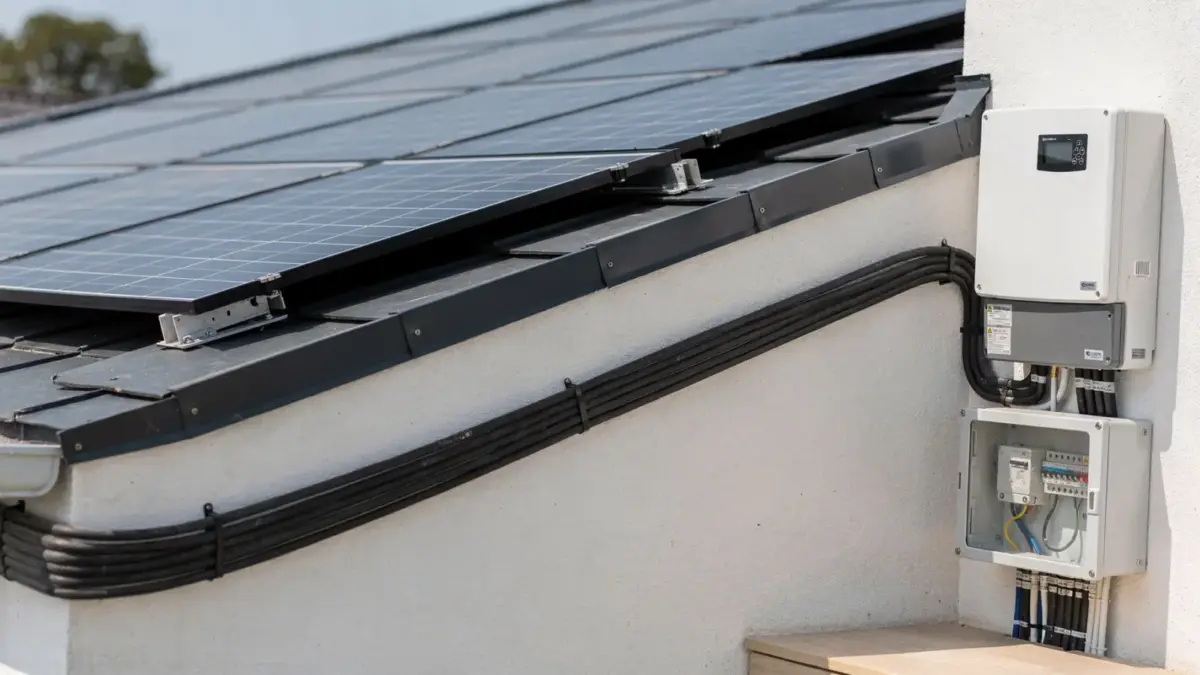 PV-Anlage anschließen: Solarmodule, Wechselrichter und Anschlussbox für den elektrischen Anschluss