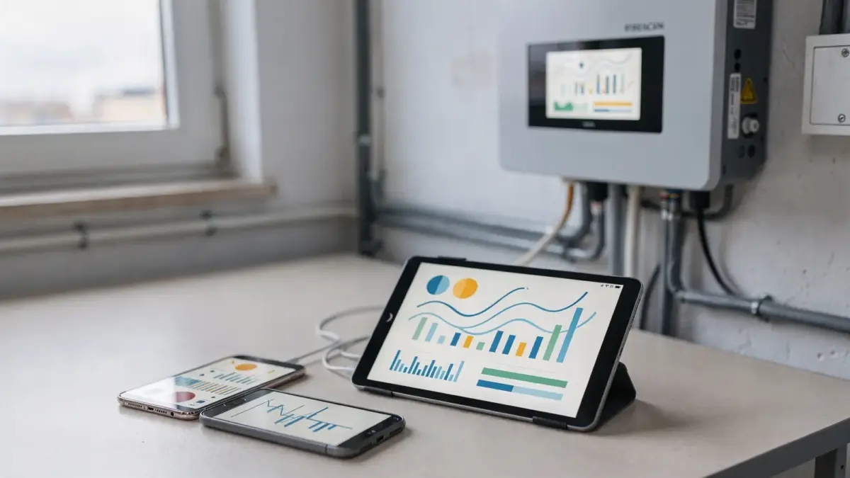 PV Monitoring App auf Smartphone und Tablet mit Solaranlage und Wechselrichter im Hintergrund