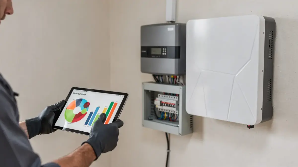 Installateur misst die passende Stromspeicher-Größe im Technikraum einer Solaranlage