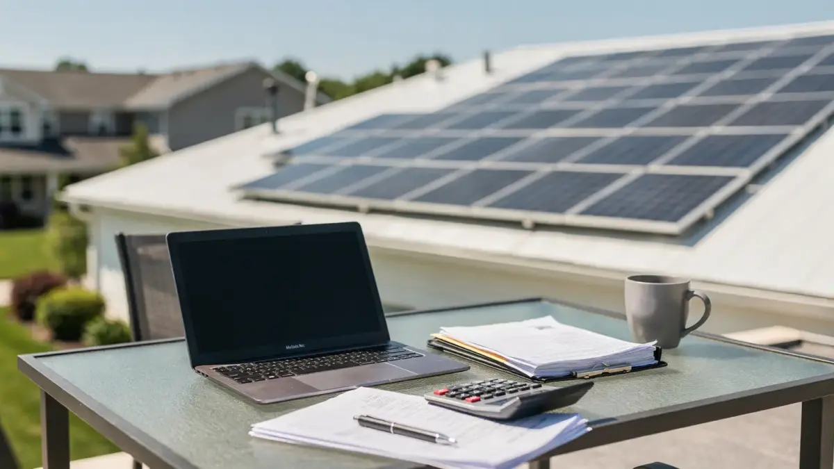 Photovoltaikanlage auf Hausdach mit Unterlagen und Rechner zur Finanzierung eines PV-Kredits
