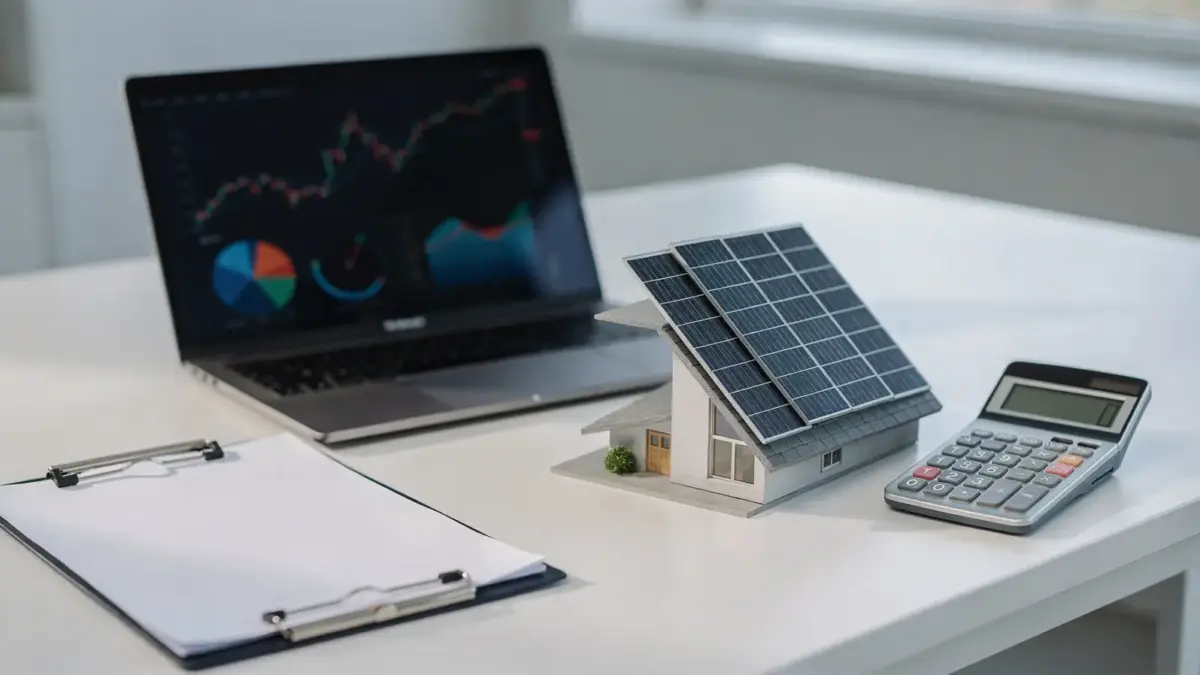 Photovoltaikfirma berechnet die PV-Amortisation mit Laptop, Taschenrechner und Solarmodell