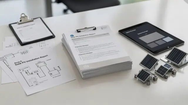 PV-Abnahme-Unterlagen mit Formularen, Schaltplan und Tablet für die Übergabe einer Solaranlage