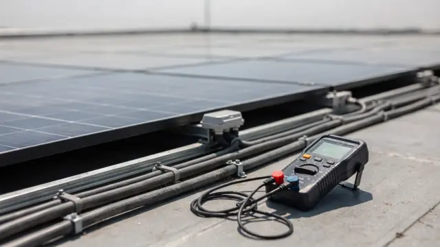 Techniker prüft eine PV-Anlage auf dem Dach mit Tablet und Messgerät.