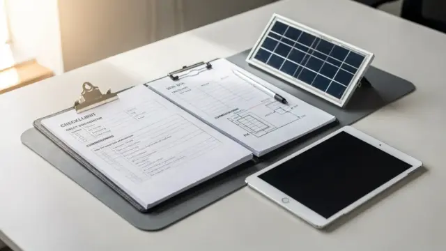 PV-Abnahme-Unterlagen auf dem Schreibtisch mit Checkliste, Formularen und Solarplan für den Installateur