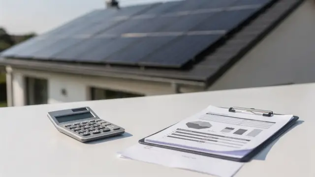 Solarpanels auf einem Hausdach mit Taschenrechner und Unterlagen zur PV-Amortisation berechnen.