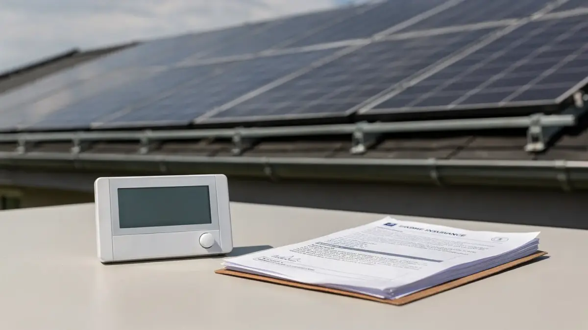 Photovoltaikanlage auf dem Dach mit Unterlagen zur PV-Versicherung