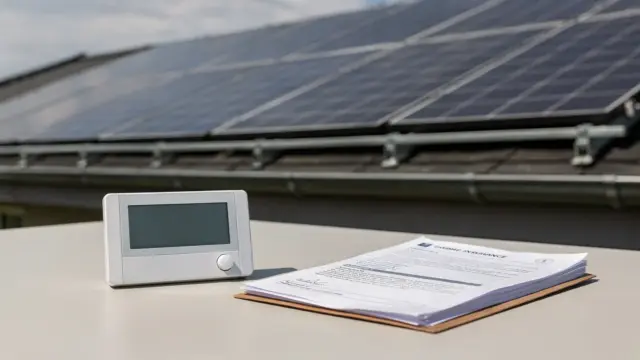 Photovoltaikanlage auf dem Dach mit Unterlagen zur PV-Versicherung
