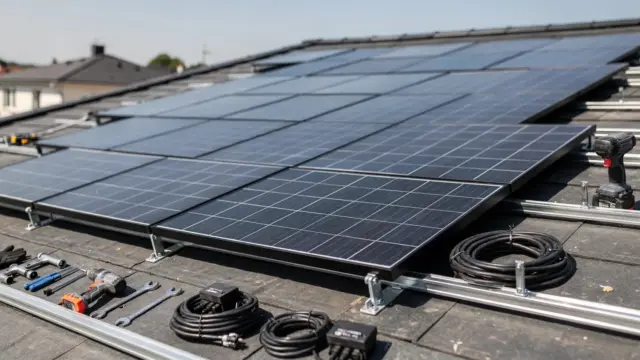 Montage einer Photovoltaikanlage auf einem Hausdach mit Solarmodulen und Installationswerkzeug