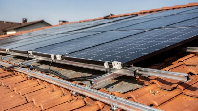 PV-Dachmontage und Statik: Solarmodule auf einem Hausdach mit sichtbarer Unterkonstruktion