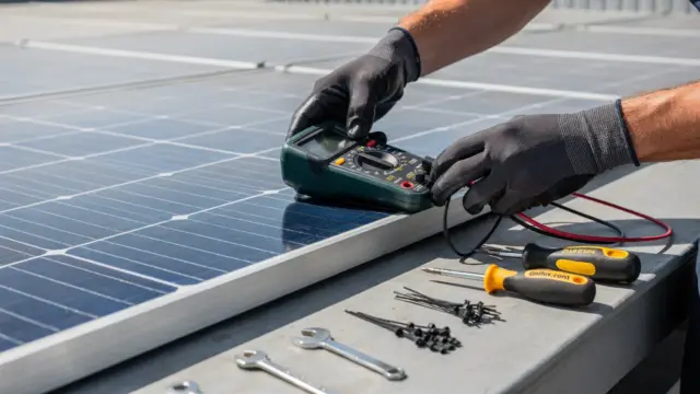 PV Wartung Service an Solarmodulen mit Techniker und Messgerät auf dem Dach