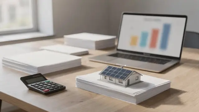 PV-Angebote mit unterschiedlicher kWp-Größe vergleichen: Unterlagen, Rechner und Balkendiagramm auf dem Schreibtisch
