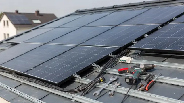 Montage einer Photovoltaikanlage auf einem Hausdach mit Solarmodulen und Installationswerkzeug