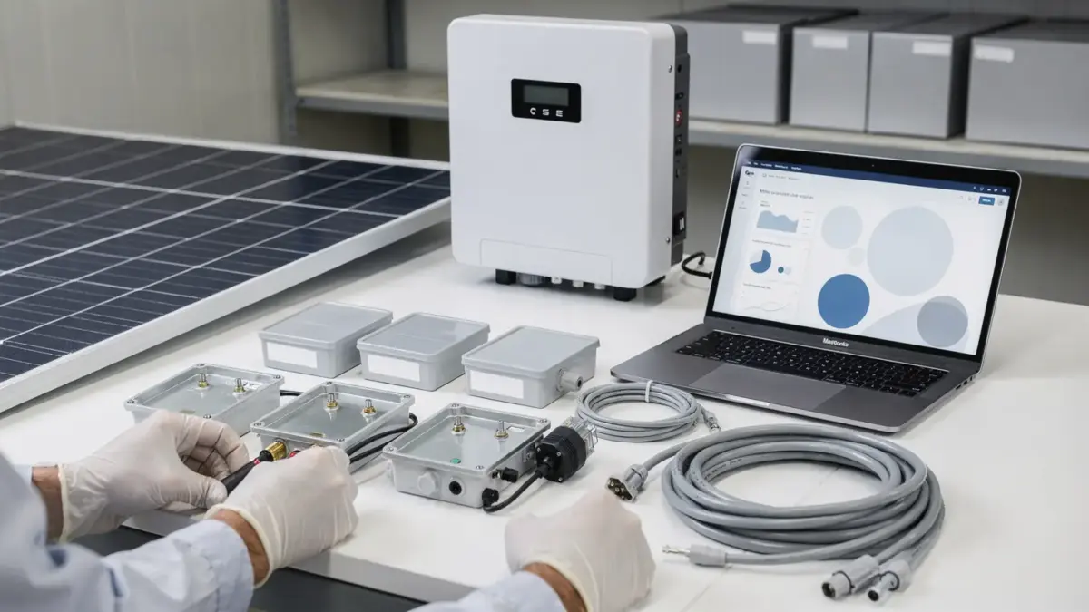 Photovoltaik-Komponenten mit Unterlagen zur PV-Garantieprüfung in einer Werkstatt