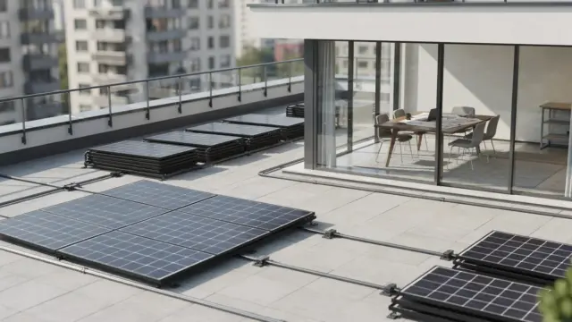 Wohnhaus mit Solarmodulen auf dem Dach und Bauplänen zum Thema WEG-Beschluss für Photovoltaik