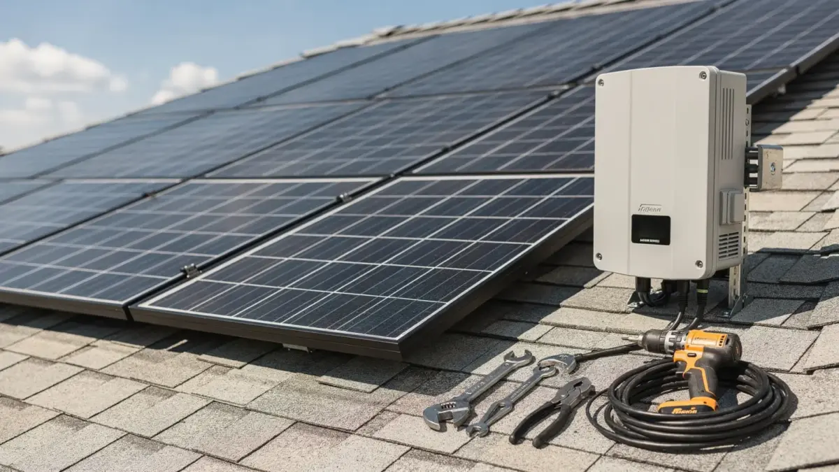 Photovoltaikanlage auf dem Dach mit Wechselrichter und Werkzeugen als Bild zu Solarteur-Referenzen prüfen und Photovoltaik-Praxis
