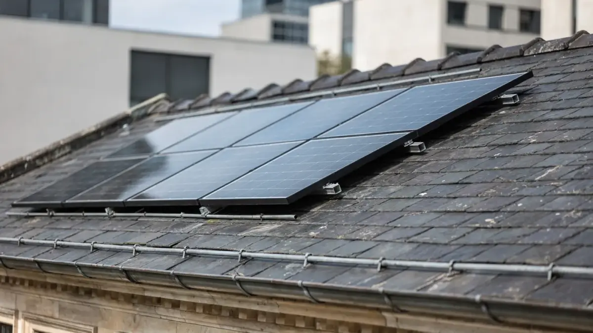 Dach eines historischen Gebäudes mit Photovoltaikanlage im Denkmalschutzverfahren