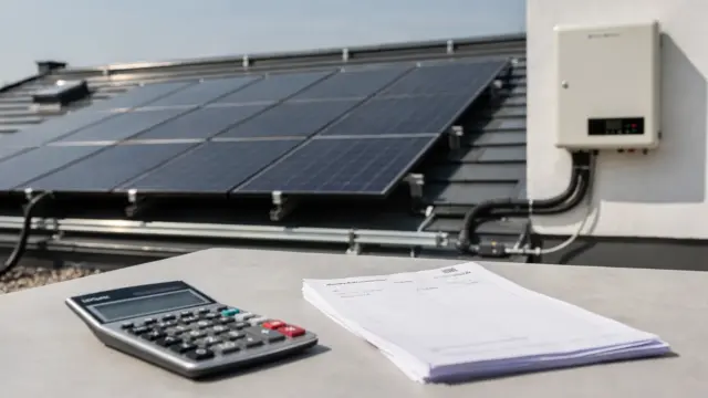 Dach mit Solarmodulen und Unterlagen zur Photovoltaik-Förderung in einem Bundesland