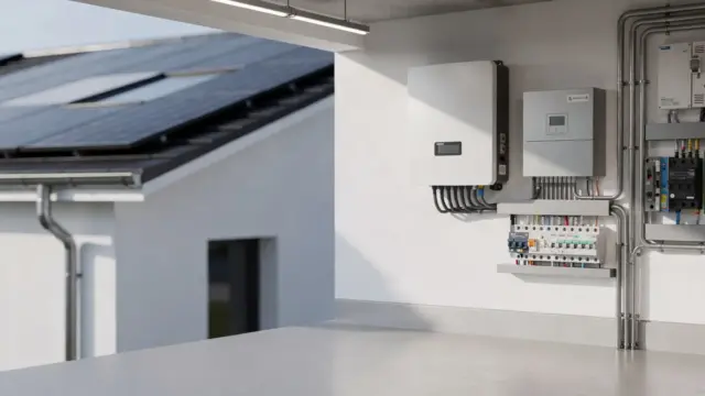 Batteriespeicher einer Photovoltaikanlage neben Wechselrichter und Sicherungskasten im Technikraum.