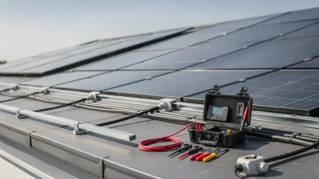 Photovoltaikanlage auf einem Hausdach mit sichtbarer Verkabelung und Montageschienen bei einer Kontrolle