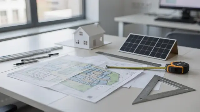 Bebauungsplan und Planungsunterlagen für eine Photovoltaikanlage auf einem Tisch mit Hausmodell und Solarmuster