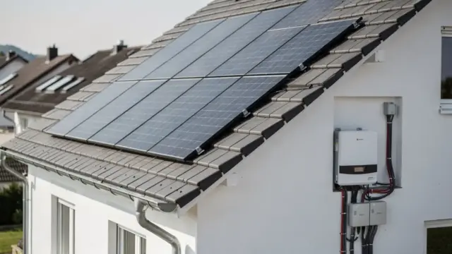 Solarmodule auf einem Hausdach mit Wechselrichter und Netzanschluss zur Einspeisevergütung