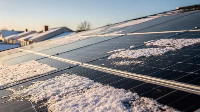 Dach-Photovoltaikanlage mit leichtem Schnee und tief stehender Wintersonne