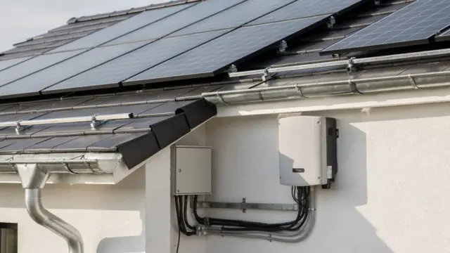 Photovoltaikanlage auf einem Hausdach mit Wechselrichter und Anschlusskabeln