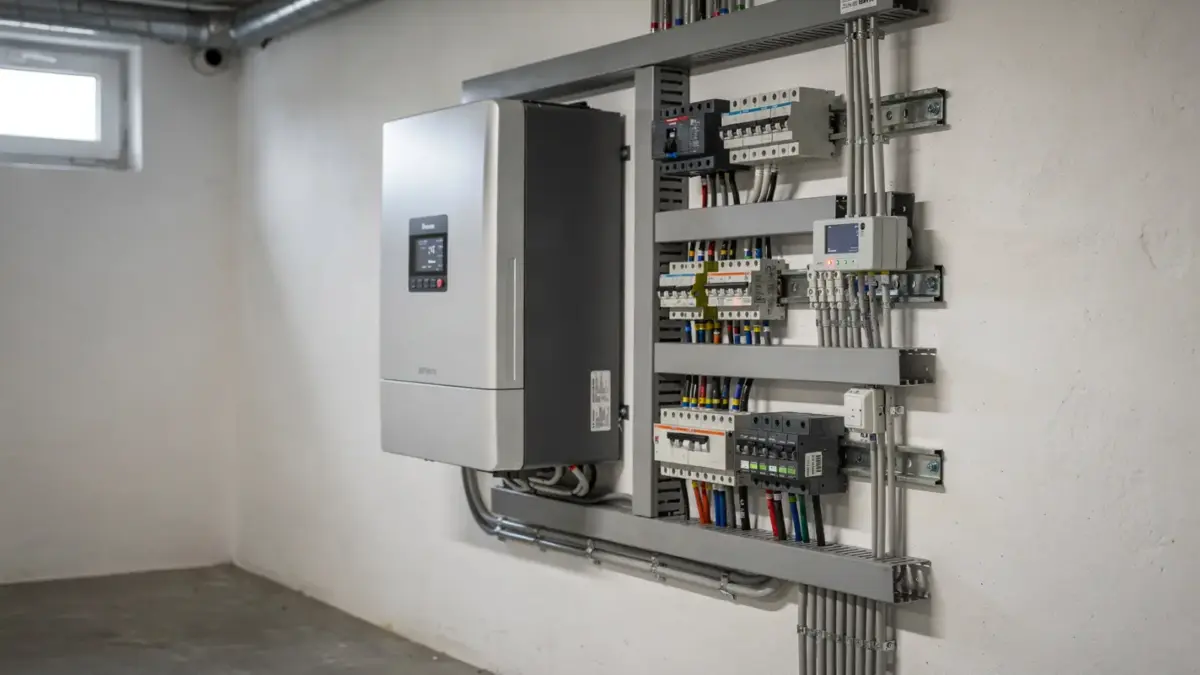 Hausenergiesystem mit Solarbatterie, Wechselrichter und Kabeln in einem Technikraum zur Photovoltaik-Rendite