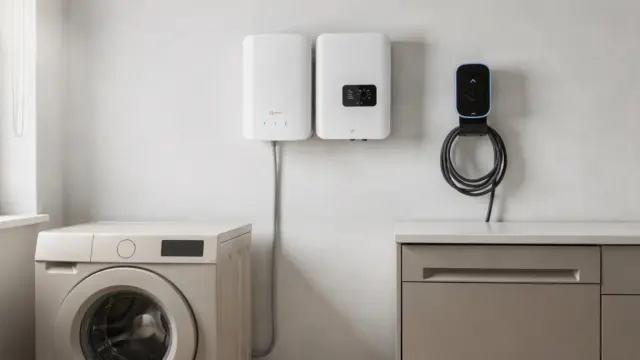 Smart-Home-Steuerung für Photovoltaik mit Zähler, Wechselrichter, Waschmaschine und Wallbox im Hauswirtschaftsraum