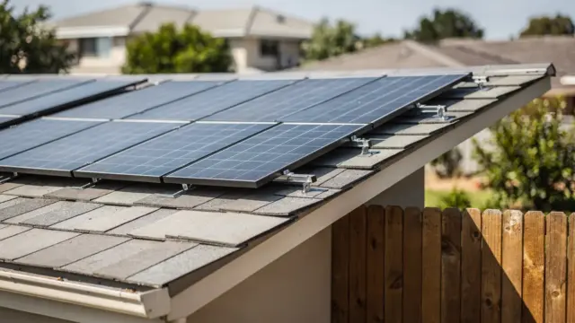 Dach mit Photovoltaikmodulen am Haus, daneben ein Zaun zum Nachbargrundstück