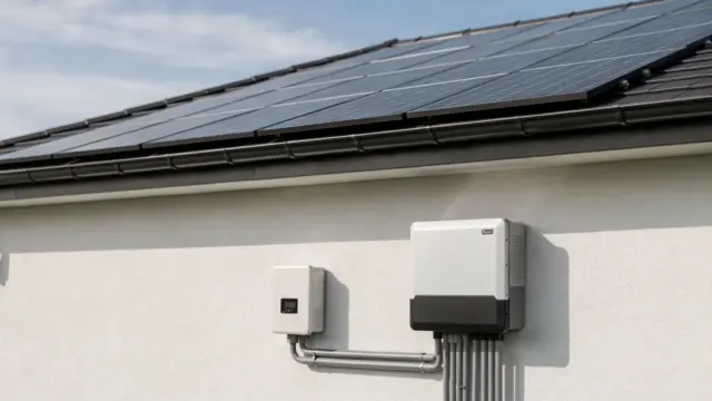 Dach mit Photovoltaikanlage, Wechselrichter und Speicher für den Vergleich von Kauf, Kredit und Miete.