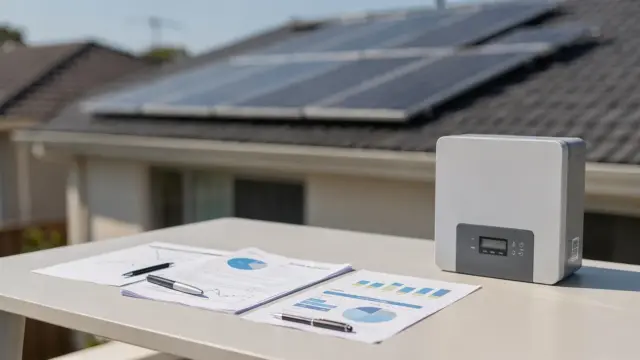 Dach mit Photovoltaikanlage und Unterlagen zu Förderkredit und Zuschuss auf einem Tisch.