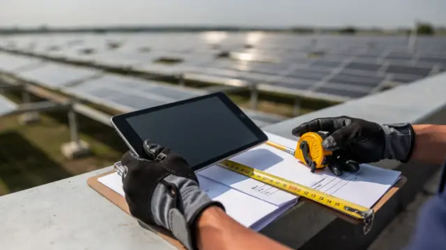 Techniker mit Tablet und Maßband bei der PV-Planung vor Ort