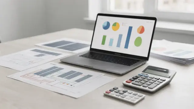 PV-Ertragsprognose und Auslegung im Angebot prüfen mit Diagrammen, Laptop und Solardokumenten