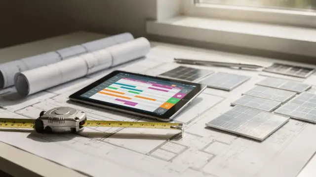 PV-Baukoordination mit Bauplänen, Tablet und Solarmodul-Modellen zur Terminplanung beim Solarteur