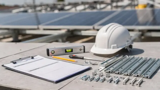 Baukoordination bei PV-Anlagen mit Terminplanung, Clipboard und Solarmontage auf der Baustelle
