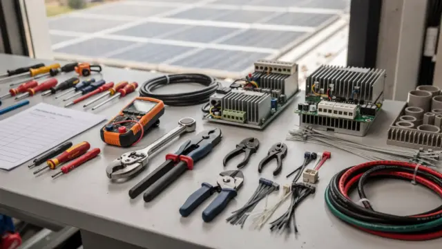 Solarteur-Serviceleistungen: Werkbank mit Wartungswerkzeugen und PV-Komponenten vor Solarmodulen