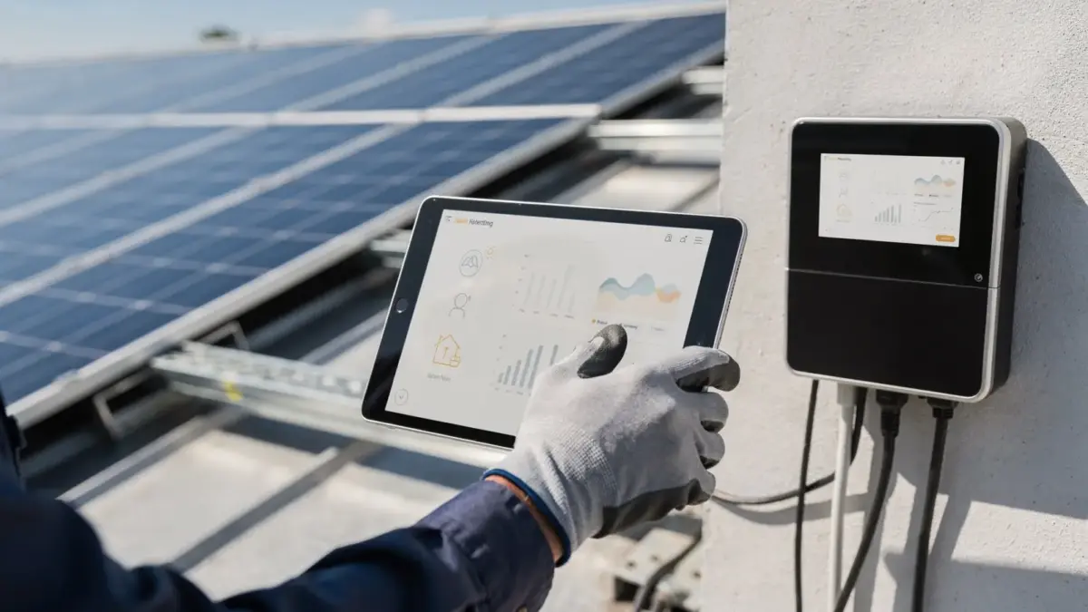 PV-Wartung und Monitoring: Techniker prüft Inverterdaten und Solarmodule nach der Installation
