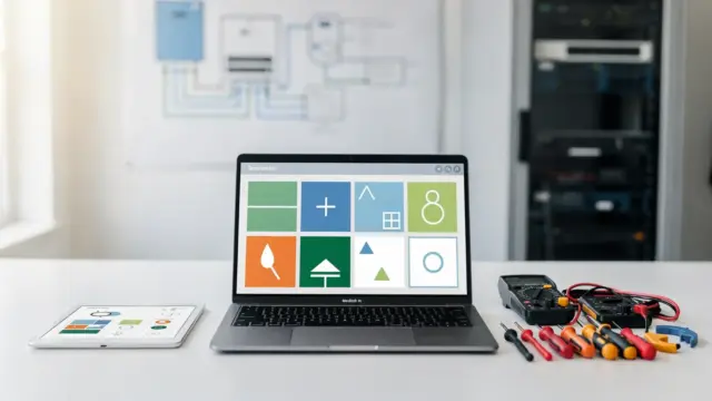 PV-Fernwartung: Solarteur prüft Störungen am Laptop mit Monitoring-Dashboard und Diagnosegeräten.