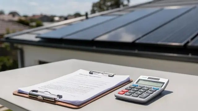 Solarfirma-Vertrag prüfen mit Solarmodulen, Vertragspapieren und Taschenrechner