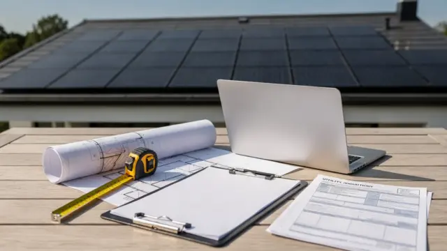 PV-Anmeldung beim Netzbetreiber: Solaranlage mit Unterlagen, Laptop und Formularen auf einem Tisch