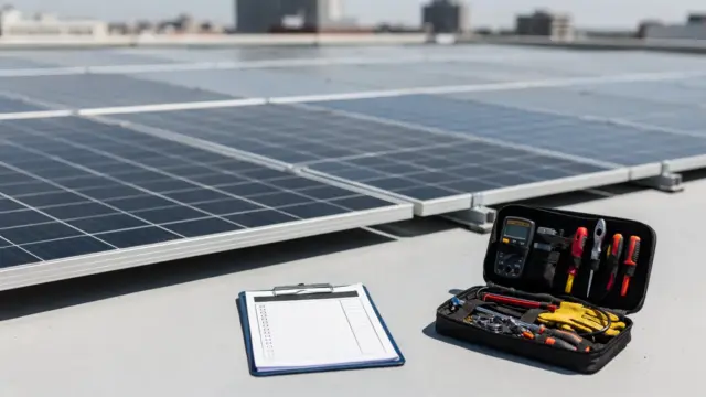 Dach-PV-Anlage mit Checkliste und Werkzeug als Motiv zum Thema PV-Anbieter-Warnsignale
