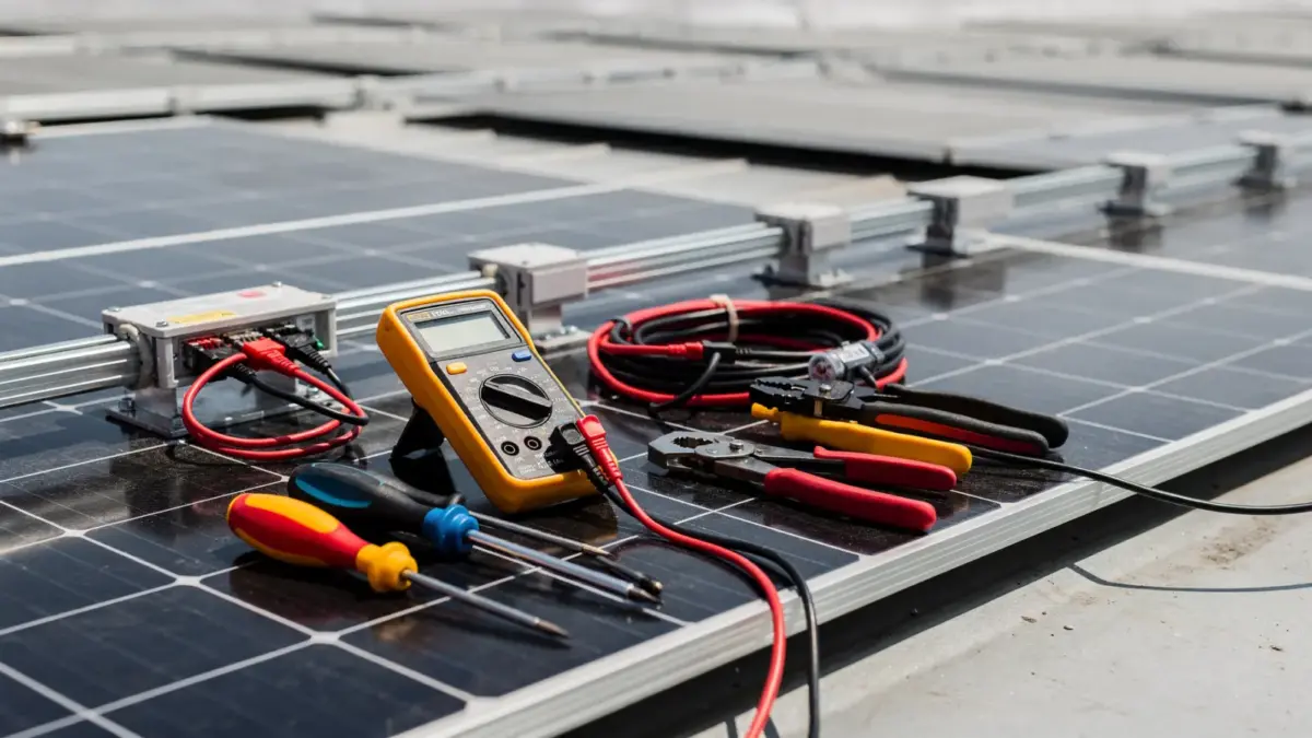 Elektrofachkraft für Photovoltaik prüft Solarmodule und Elektrowerkzeuge auf dem Dach