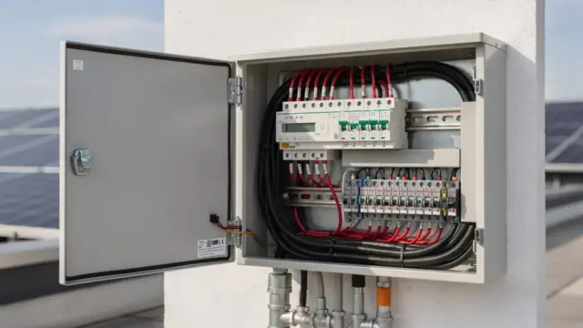 PV-Überspannungsschutz im Schaltschrank einer Solaranlage mit sichtbarer Verdrahtung