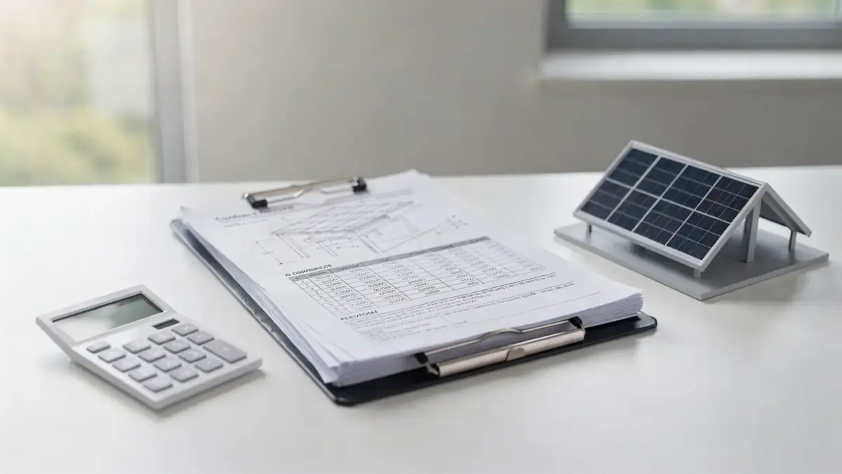 Vertragsunterlagen und Solarmodell zum Thema PV-Vertrag Rechte bei Verzögerungen, Leistungsabweichungen und Mängeln