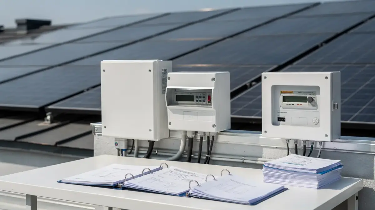 PV-Anmeldung beim Netzbetreiber: Solaranlage auf Hausdach mit Zählerkasten und Unterlagen