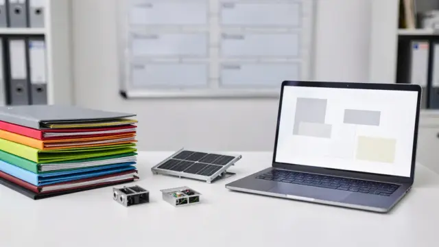 Prüfung von Photovoltaik-Referenzen mit Projektordnern, Laptop und Solarmodul-Komponenten
