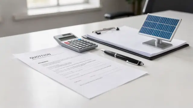 Angebot für PV-Zahlungsbedingungen mit Dokument, Taschenrechner und Solarzellenmodell