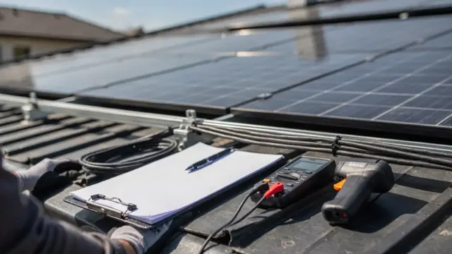 PV-Mängel reklamation: Inspektion von Solarmodulen mit Messgerät und Unterlagen auf dem Dach